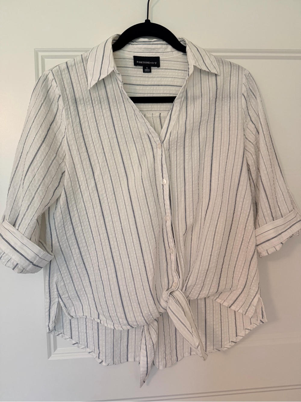 Fortune & Ivy White Stripe Tie-Front Button Down Shirt